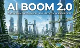 Grüne futuristische Stadt unter klarem Himmel mit dem Titel AI Boom 2.0