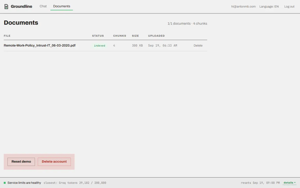 Der Dokumentenbildschirm von Groundline mit dem Upload-Bereich